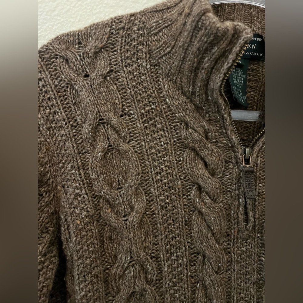 Lauren Ralph Lauren Hand Knit Brown Cable Knit 1/4 zip Sweater size Medium - Picture 3 of 13